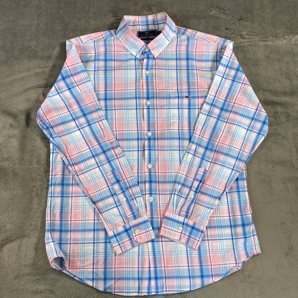 Vineyard Vines Shirt Mens L Blue Pink‎ Slim Fit Tucker Plaid Button Down 1W1835